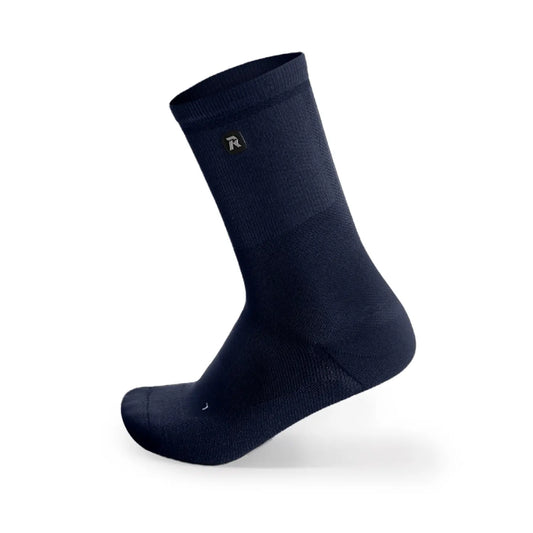 Navy blue sock with a logo on a white background
